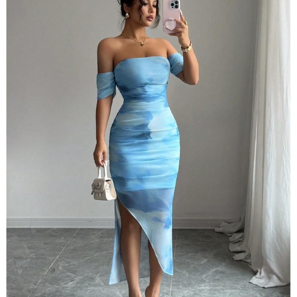 Blue Tie Dye Mesh Midi Dress Strapless Asymmetrical Lined, Stretchy